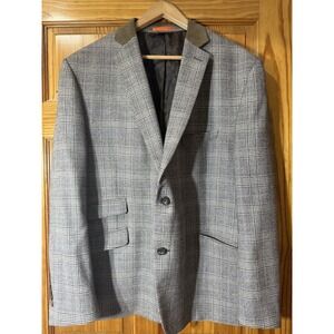 Tallia Blazer Jacket Men 48R Black/White Grey Plaid Elbow Patch 2 Button Lined